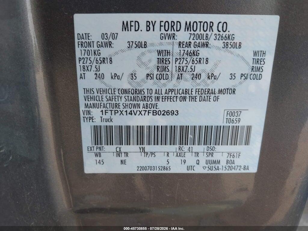 1FTPX14VX7FB02693 2007 FORD F-150 photo no. 9