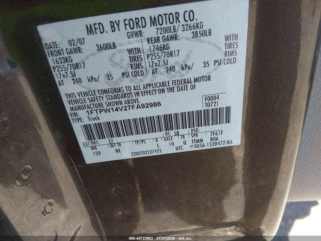 1FTPW14V27FA92986 2007 FORD F-150 photo no. 9