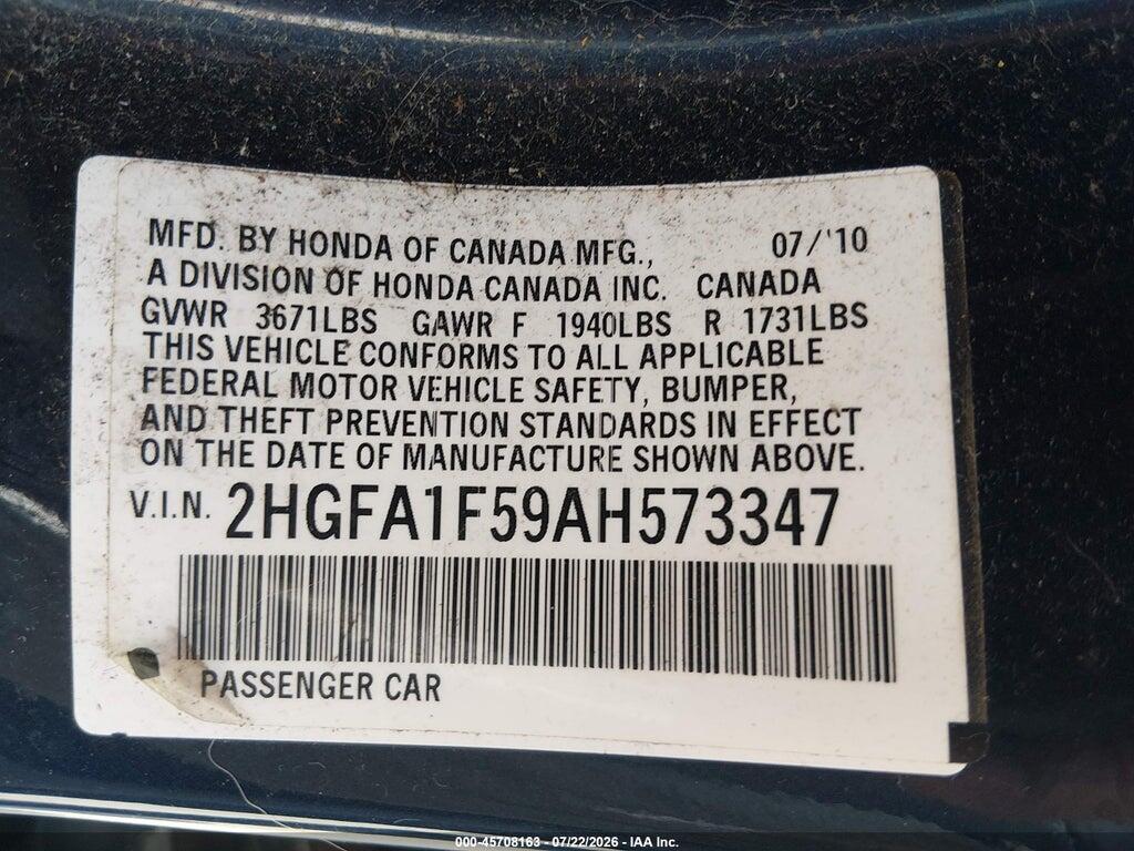 2HGFA1F59AH573347 2010 HONDA CIVIC photo no. 9