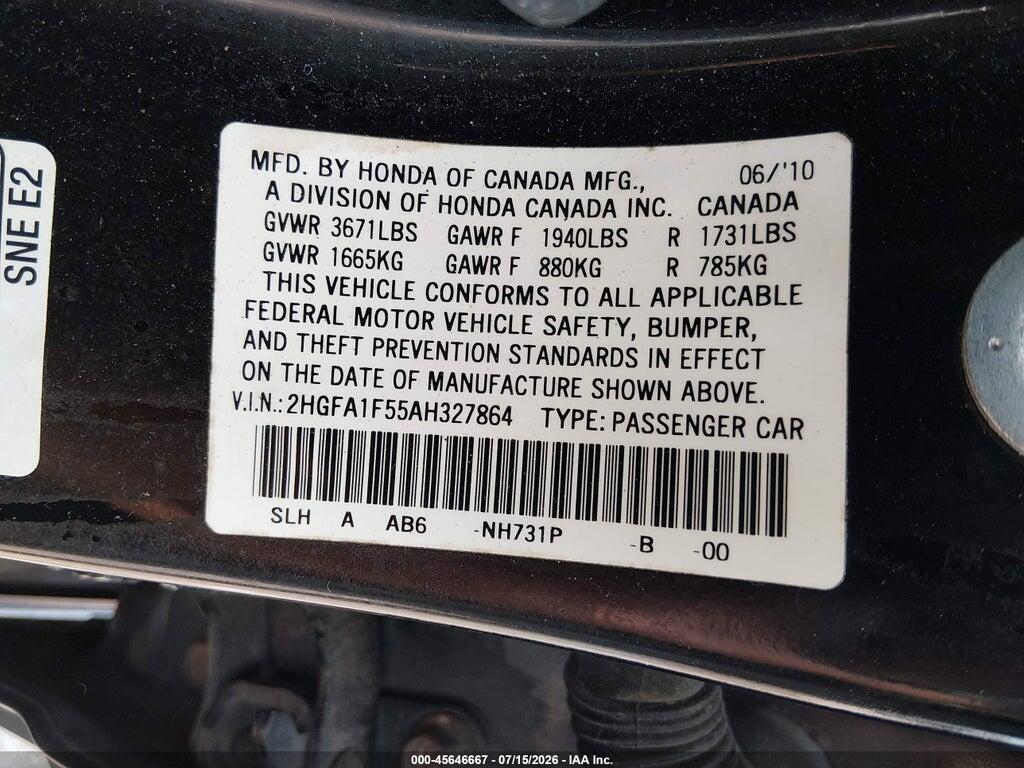 2HGFA1F55AH327864 2010 HONDA CIVIC photo no. 9