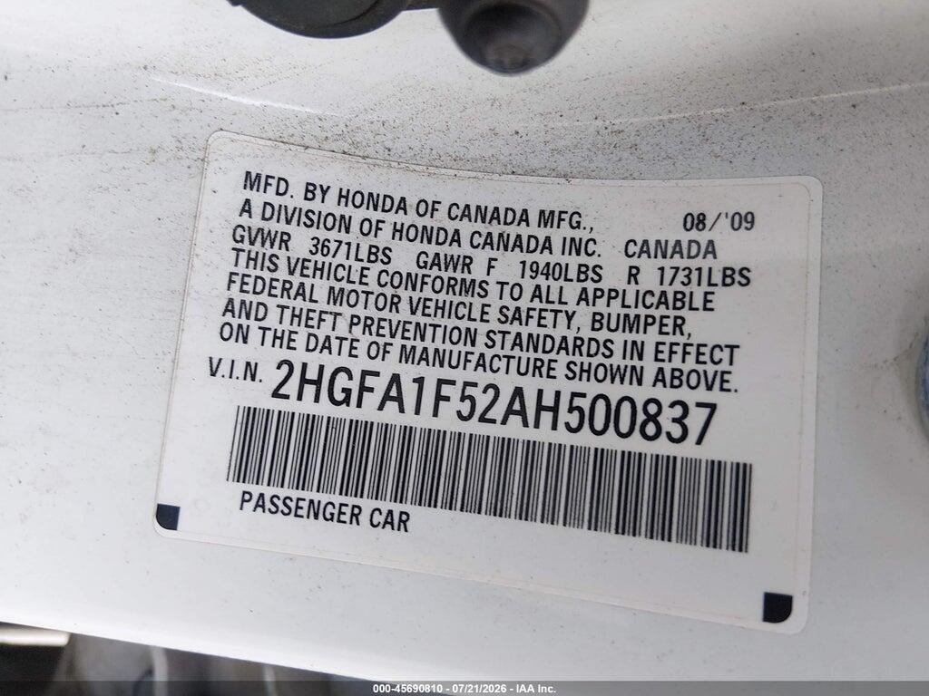 2HGFA1F52AH500837 2010 HONDA CIVIC photo no. 9