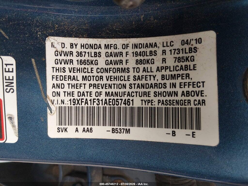 19XFA1F31AE057461 2010 HONDA CIVIC photo no. 9
