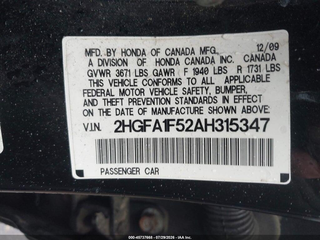 2HGFA1F52AH315347 2010 HONDA CIVIC photo no. 9