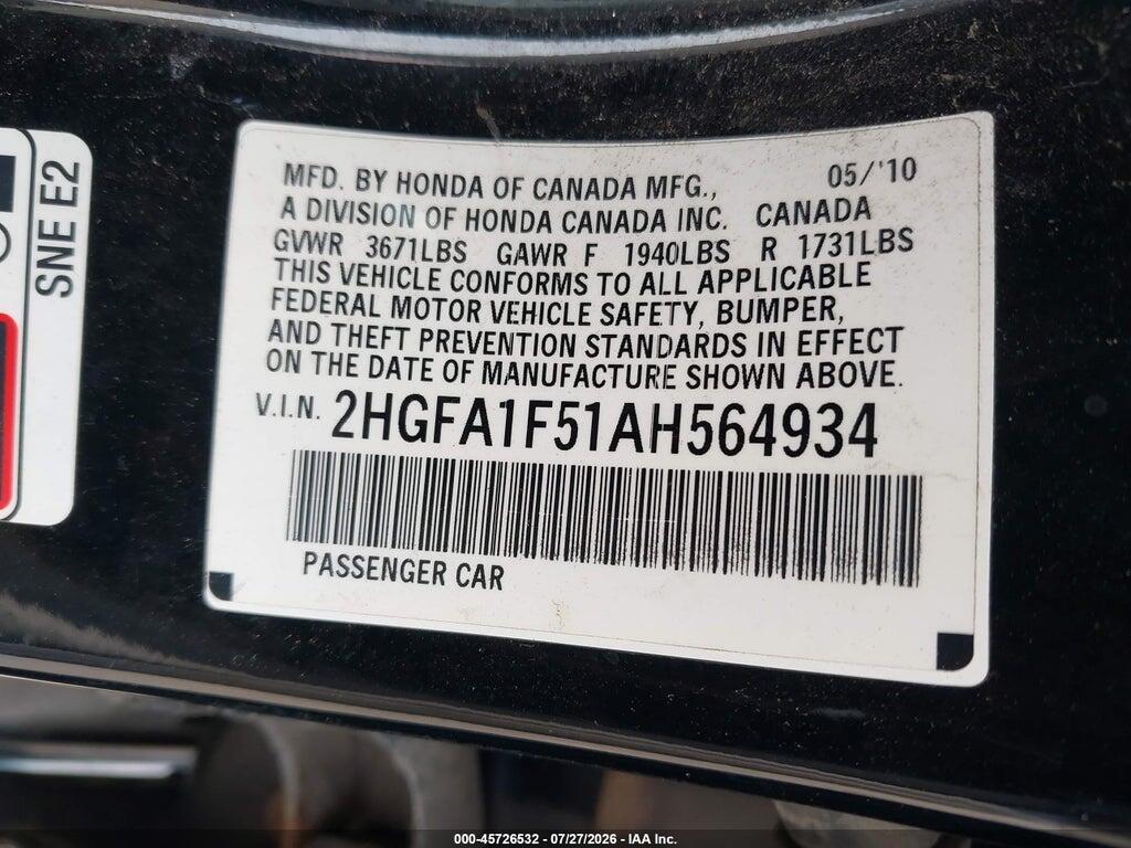 2HGFA1F51AH564934 2010 HONDA CIVIC photo no. 9