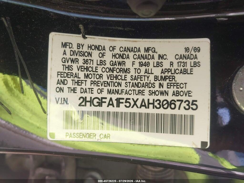 2HGFA1F5XAH306735 2010 HONDA CIVIC photo no. 9
