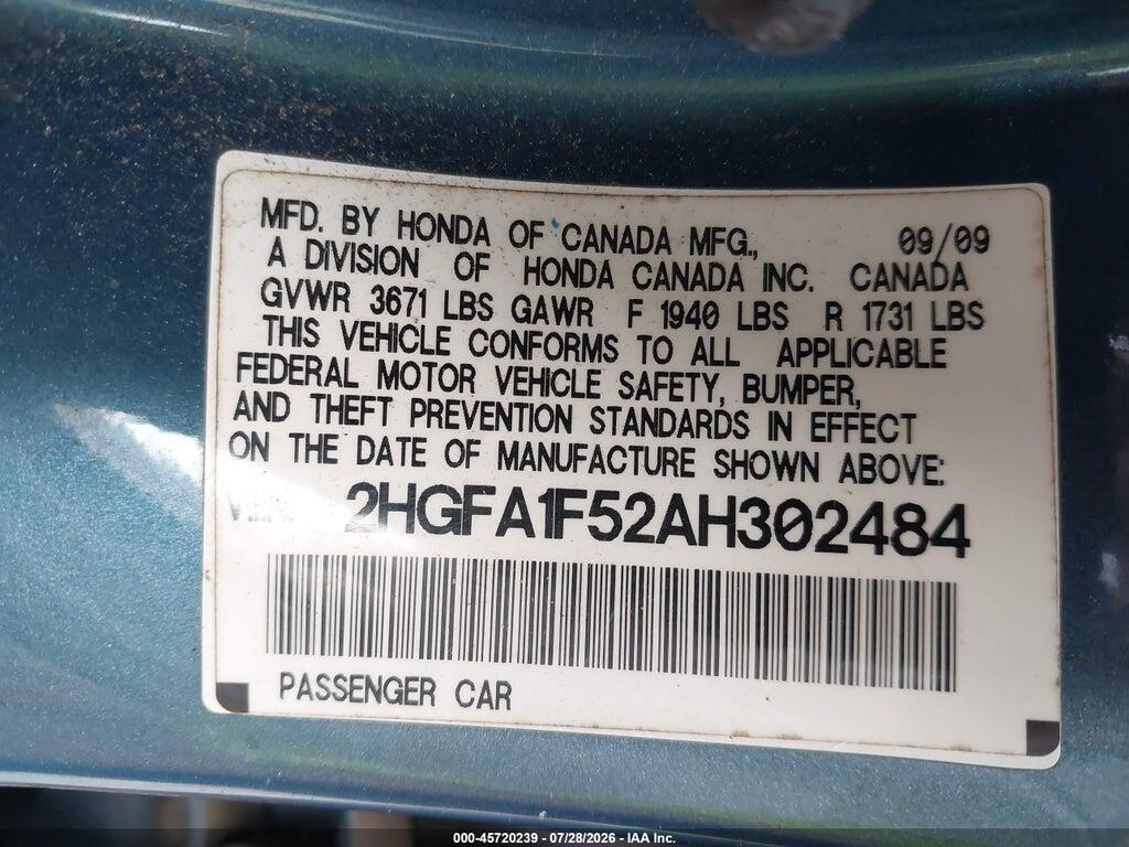 2HGFA1F52AH302484 2010 HONDA CIVIC photo no. 9