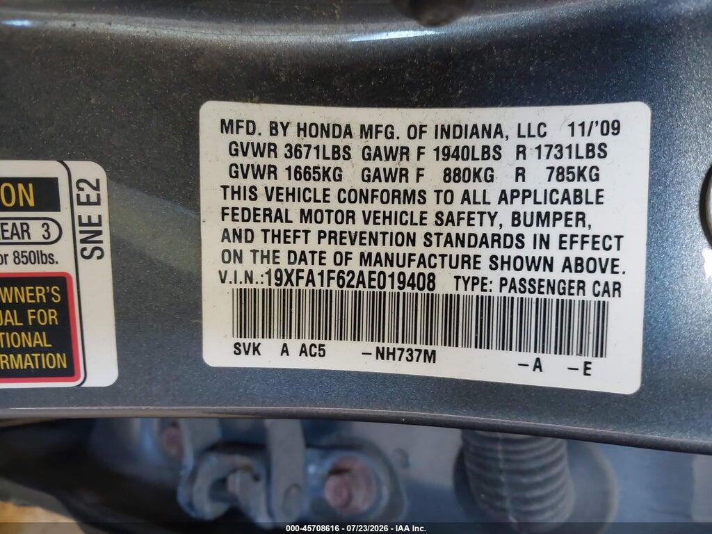 19XFA1F62AE019408 2010 HONDA CIVIC photo no. 9