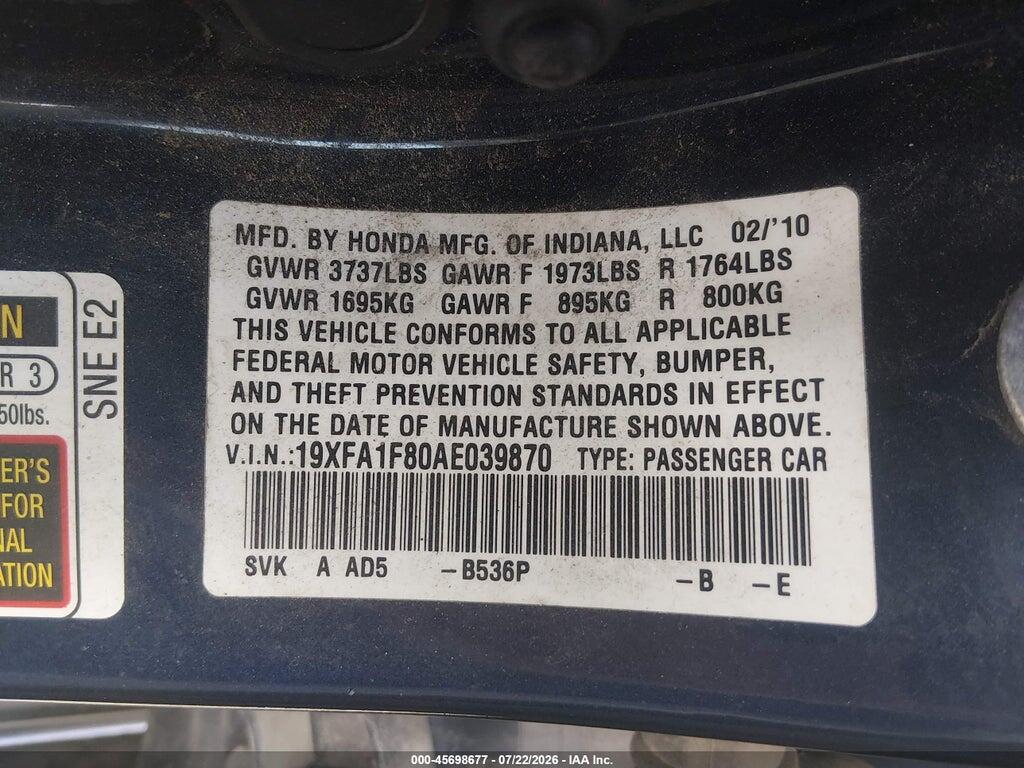 19XFA1F80AE039870 2010 HONDA CIVIC photo no. 9