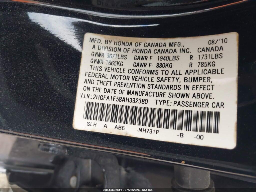 2HGFA1F58AH332380 2010 HONDA CIVIC photo no. 9