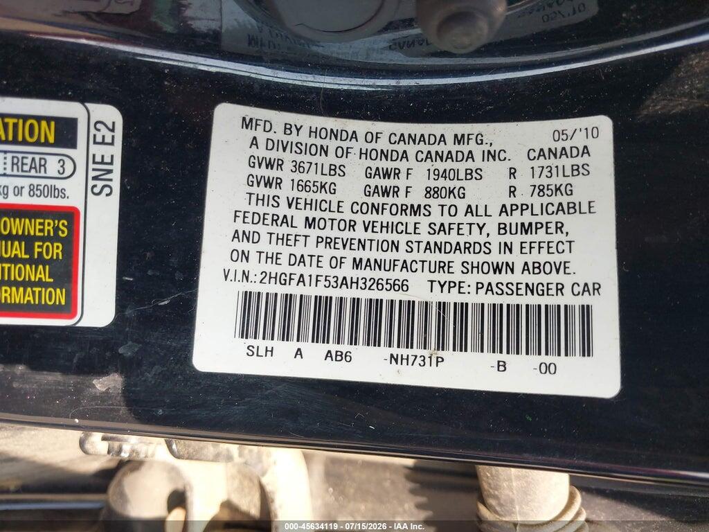 2HGFA1F53AH326566 2010 HONDA CIVIC photo no. 9
