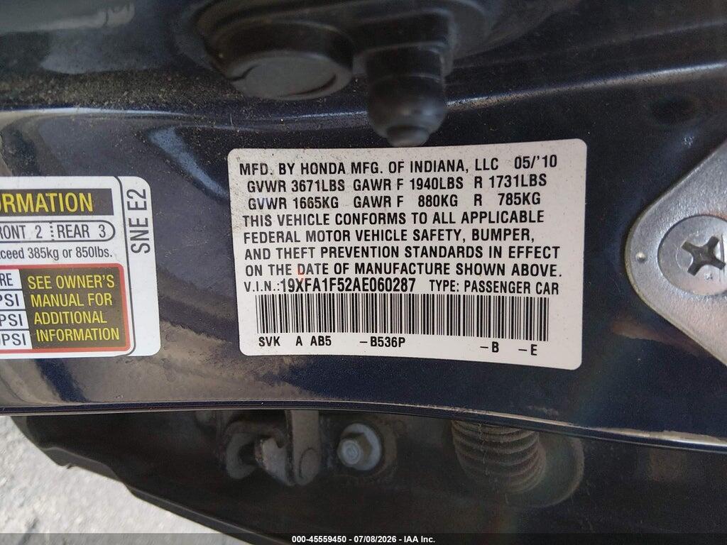 19XFA1F52AE060287 2010 HONDA CIVIC photo no. 9