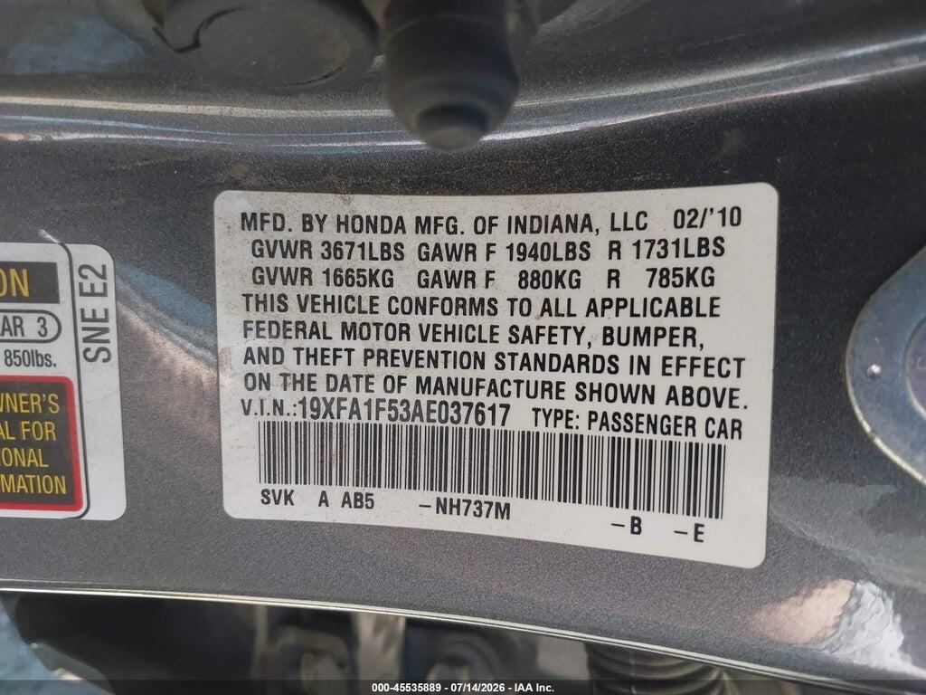 19XFA1F53AE037617 2010 HONDA CIVIC photo no. 9
