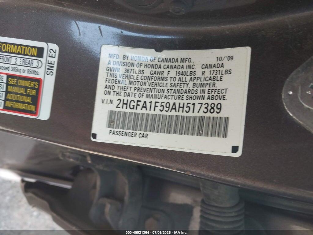 2HGFA1F59AH517389 2010 HONDA CIVIC photo no. 9