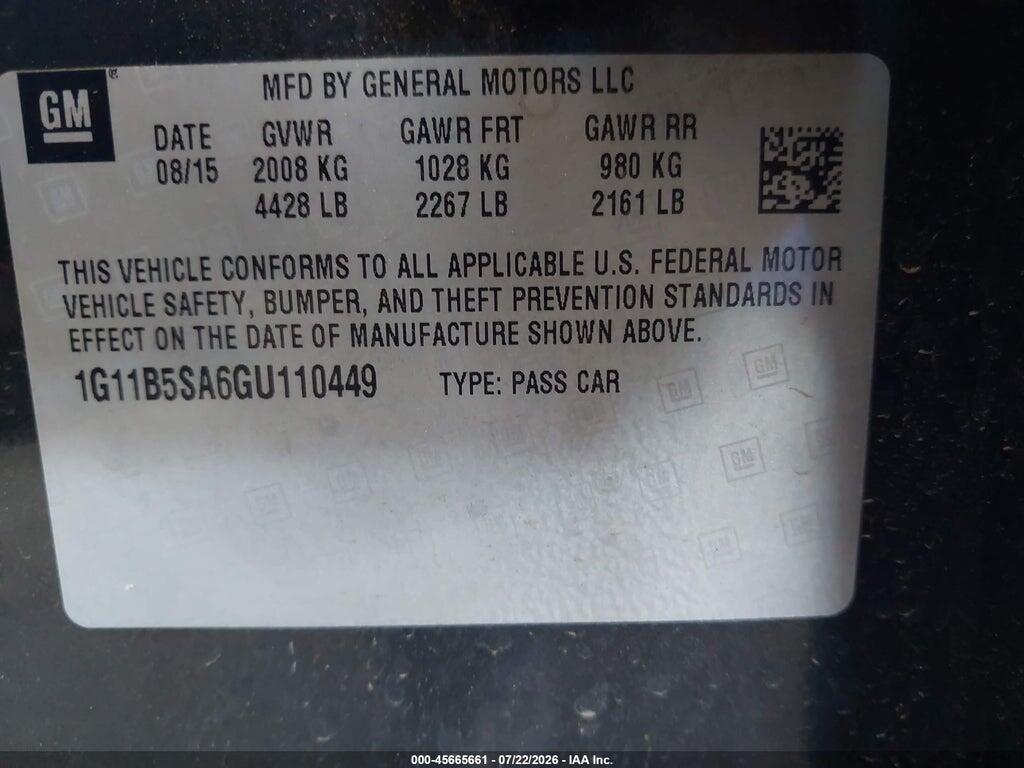 1G11B5SA6GU110449 2016 CHEVROLET MALIBU LIMITED photo no. 9