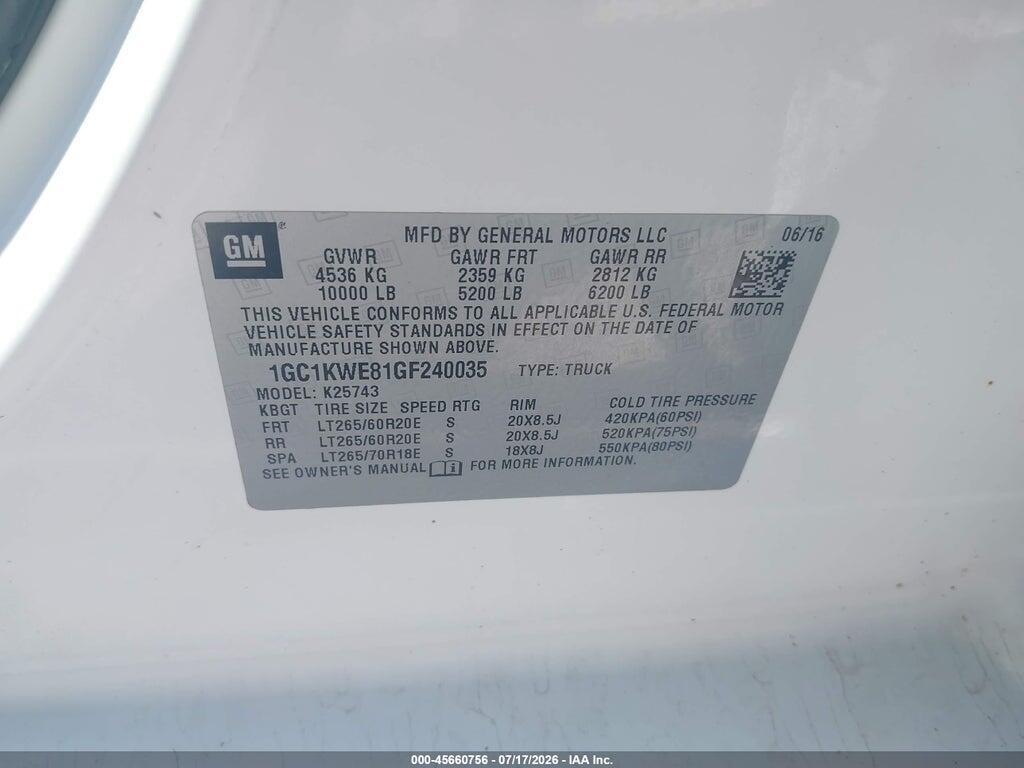 1GC1KWE81GF240035 2016 CHEVROLET SILVERADO 2500HD photo no. 9
