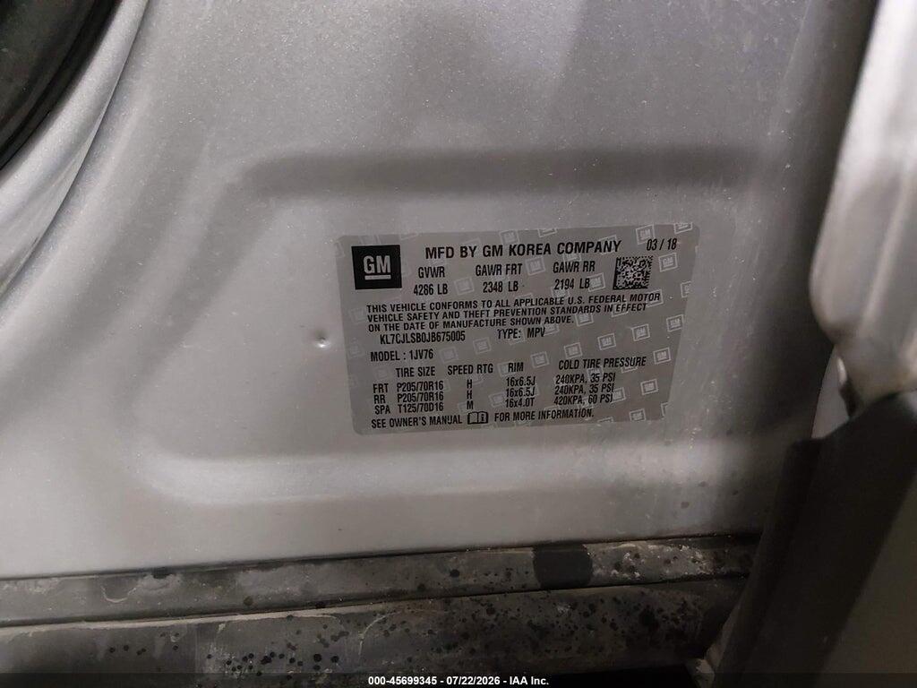 KL7CJLSB0JB675005 2018 CHEVROLET TRAX photo no. 9