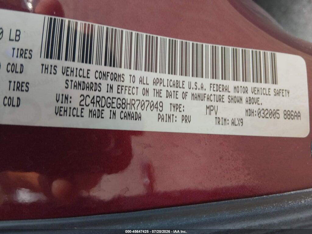 2C4RDGEG8HR707049 2017 DODGE GRAND CARAVAN photo no. 9
