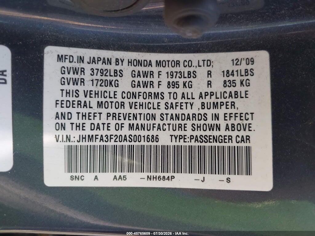 JHMFA3F20AS001686 2010 HONDA CIVIC HYBRID photo no. 9