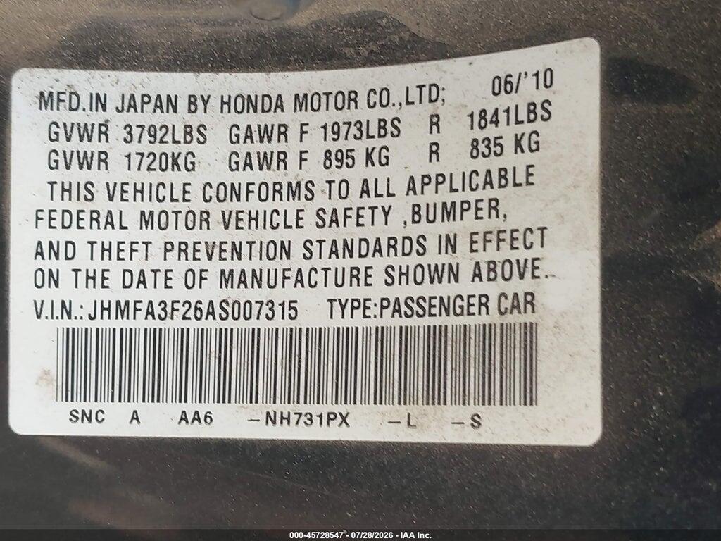 JHMFA3F26AS007315 2010 HONDA CIVIC HYBRID photo no. 9