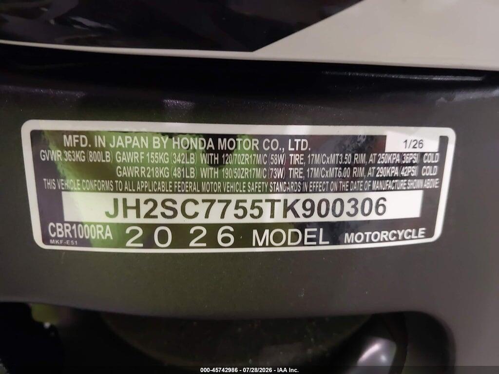 JH2SC7755TK900306 2026 HONDA CBR1000 photo no. 10