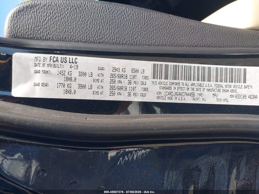 1C4RDJAG4KC744456 2019 DODGE DURANGO photo no. 9