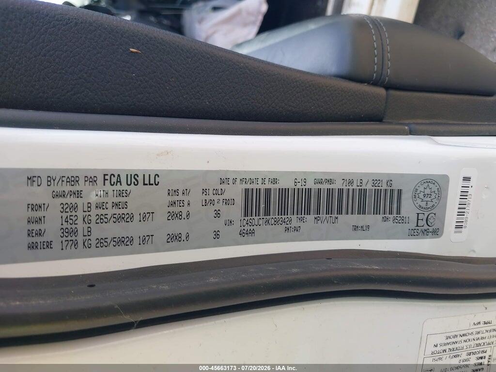1C4SDJCT0KC803420 2019 DODGE DURANGO photo no. 9