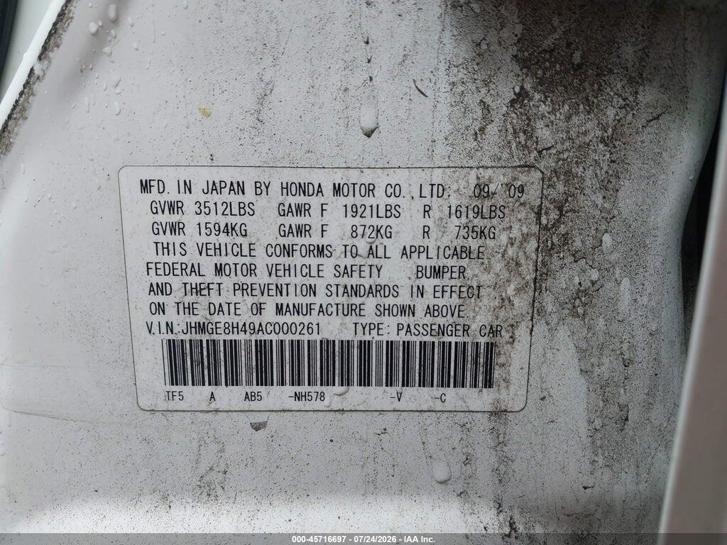 JHMGE8H49AC000261 2010 HONDA FIT photo no. 9