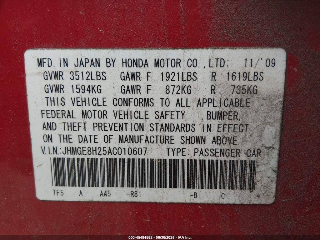 JHMGE8H25AC010607 2010 HONDA FIT photo no. 9