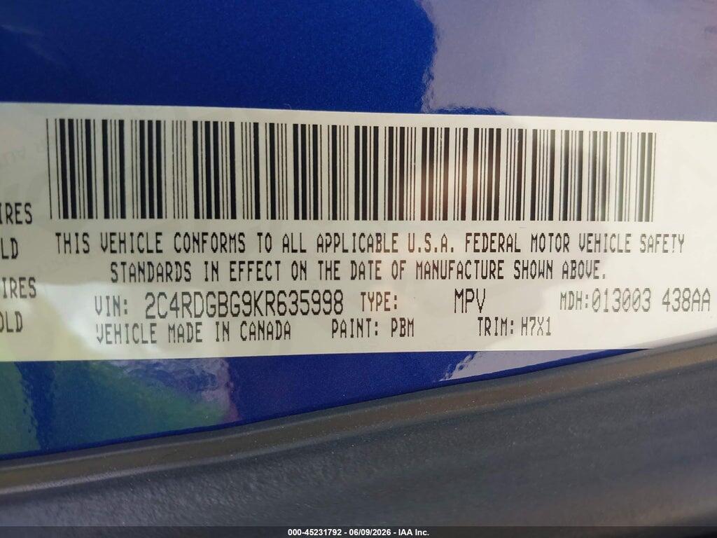 2C4RDGBG9KR635998 2019 DODGE GRAND CARAVAN photo no. 9
