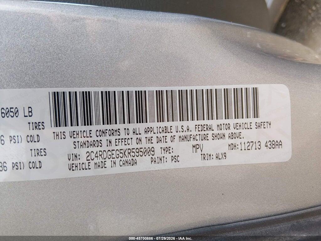2C4RDGEG5KR595009 2019 DODGE GRAND CARAVAN photo no. 9