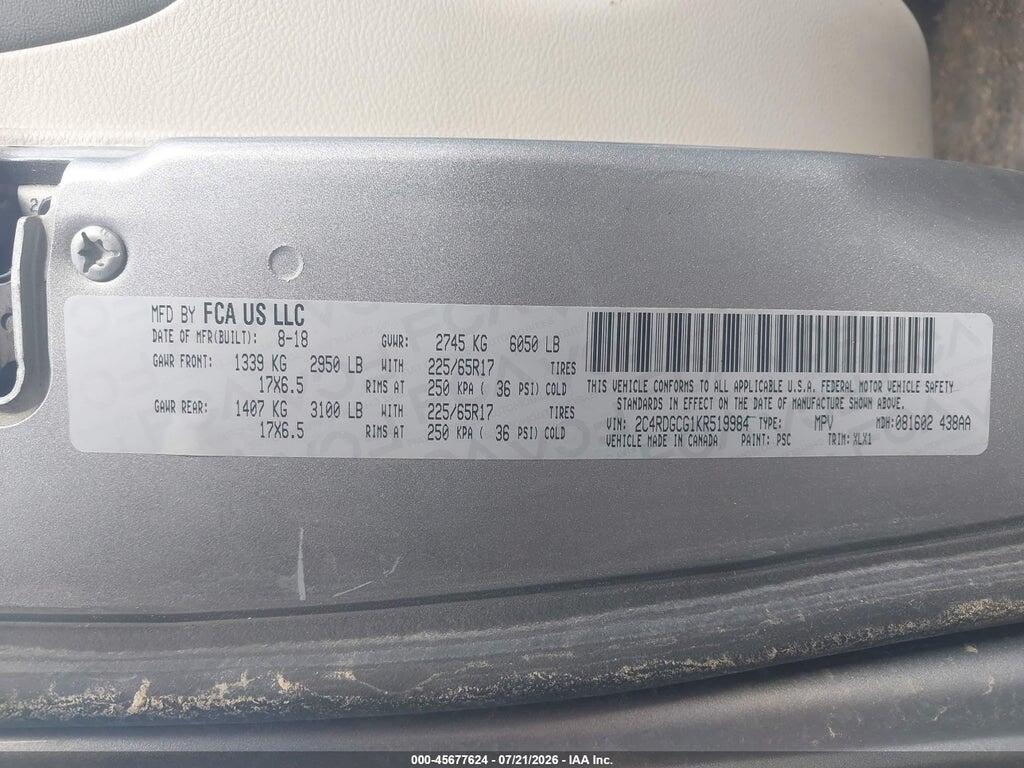 2C4RDGCG1KR519984 2019 DODGE GRAND CARAVAN photo no. 9