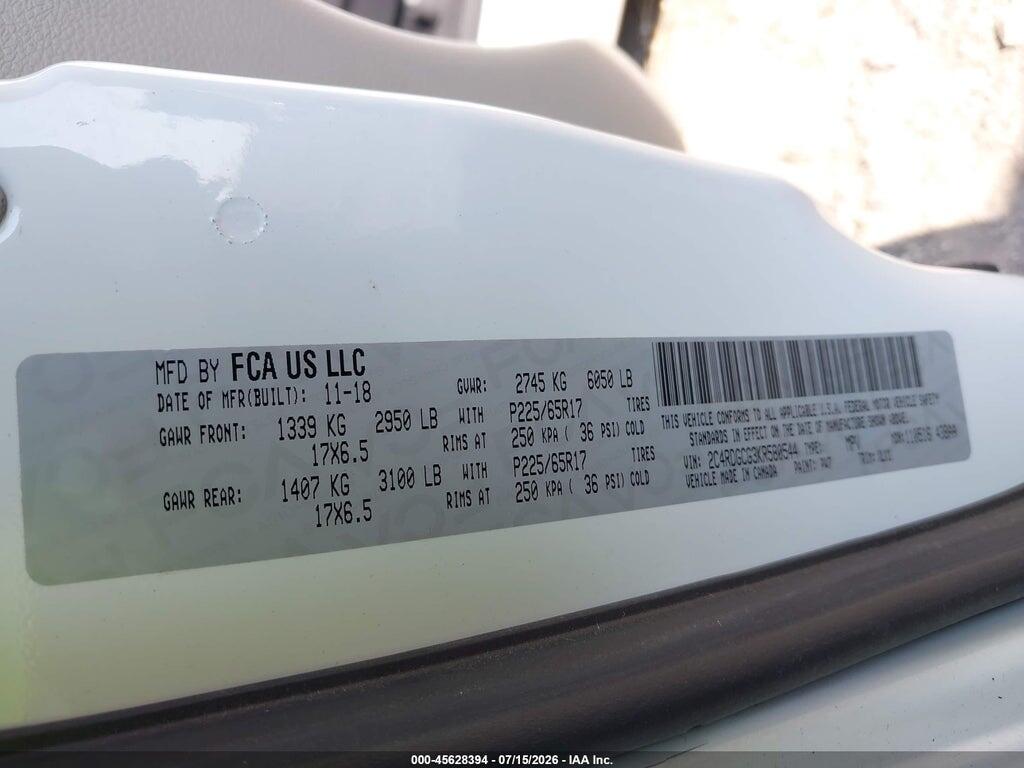 2C4RDGCG3KR580544 2019 DODGE GRAND CARAVAN photo no. 9