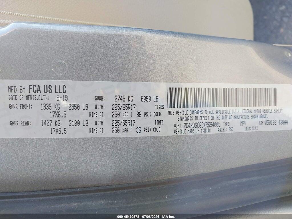 2C4RDGCG6KR694005 2019 DODGE GRAND CARAVAN photo no. 9