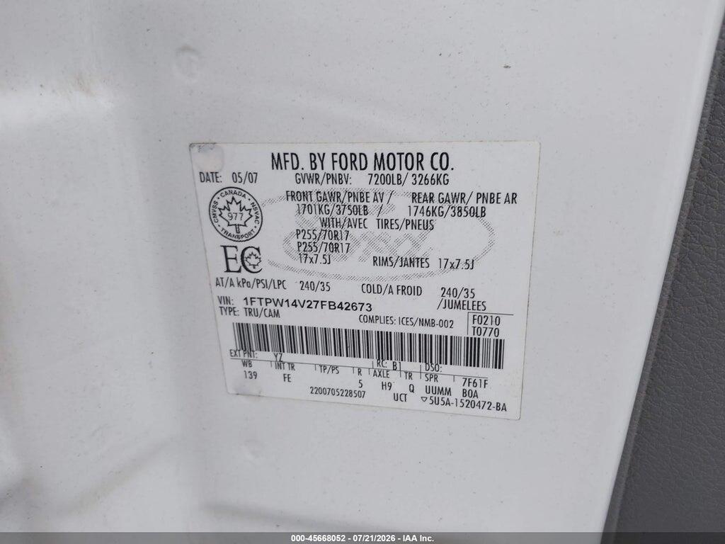 1FTPW14V27FB42673 2007 FORD F-150 photo no. 9