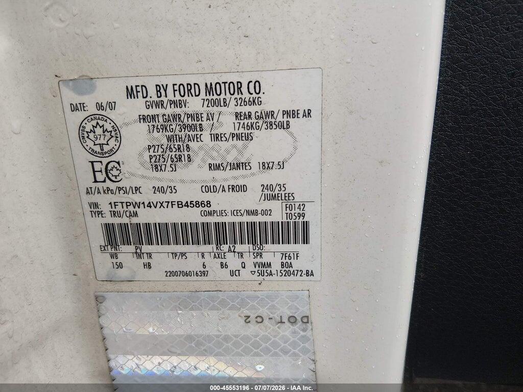 1FTPW14VX7FB45868 2007 FORD F-150 photo no. 9