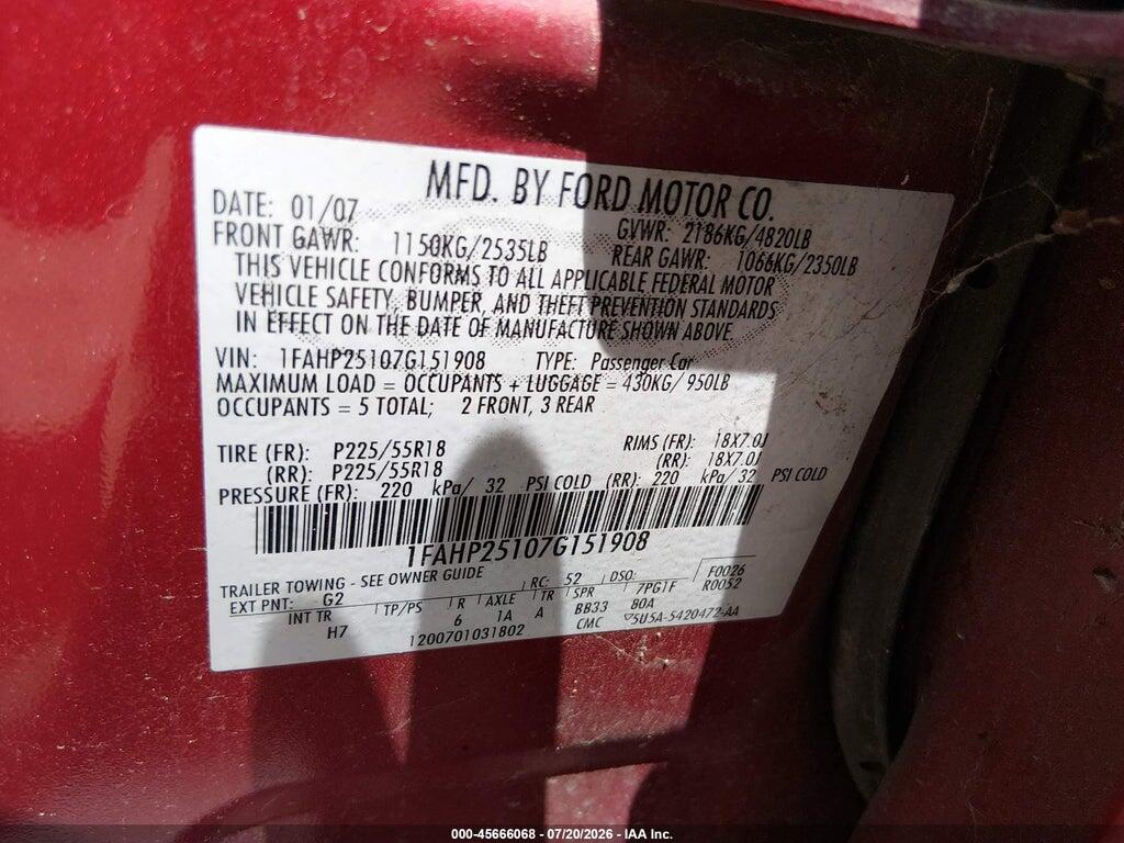 1FAHP25107G151908 2007 FORD FIVE HUNDRED photo no. 9
