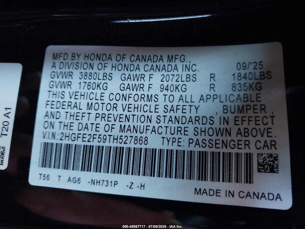 2HGFE2F59TH527868 2026 HONDA CIVIC photo no. 9