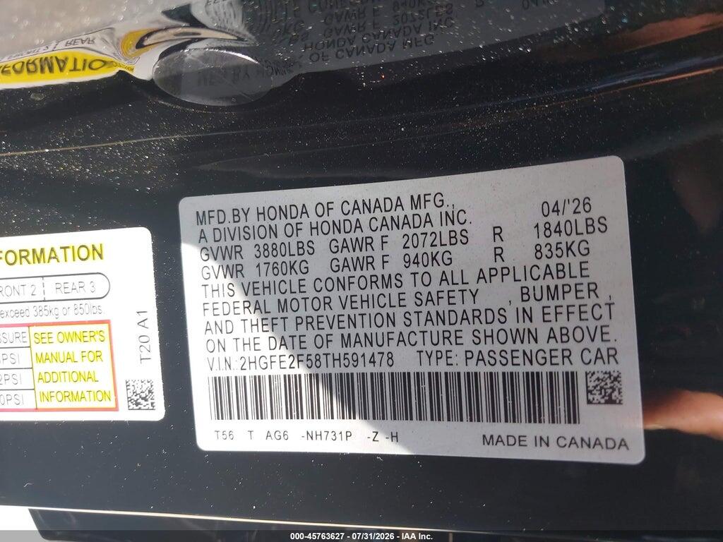 2HGFE2F58TH591478 2026 HONDA CIVIC photo no. 9