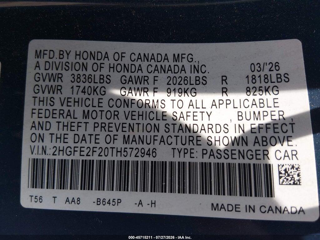 2HGFE2F20TH572946 2026 HONDA CIVIC photo no. 9
