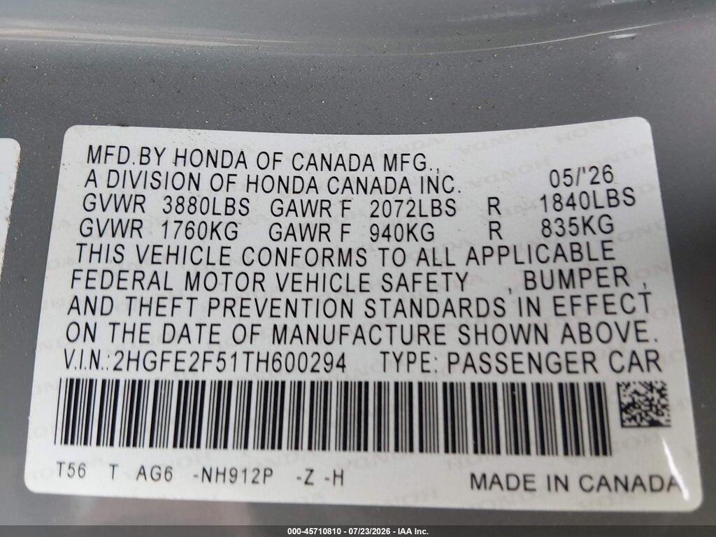 2HGFE2F51TH600294 2026 HONDA CIVIC photo no. 9