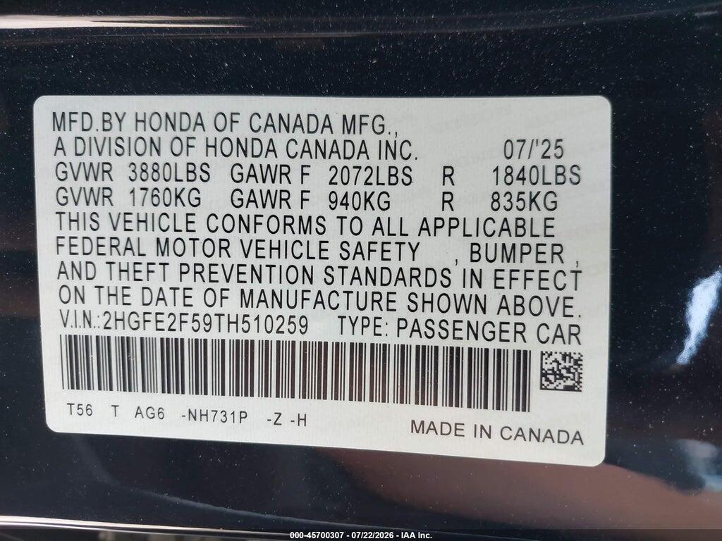 2HGFE2F59TH510259 2026 HONDA CIVIC photo no. 9