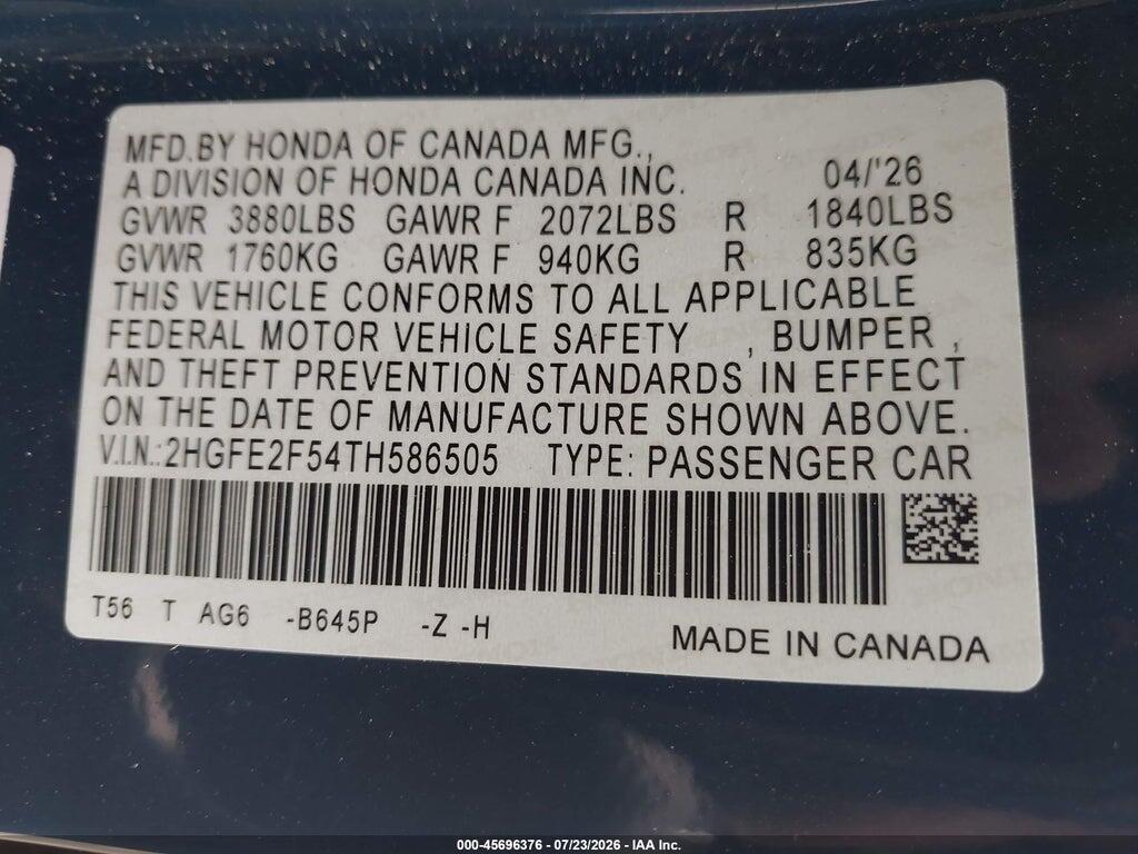 2HGFE2F54TH586505 2026 HONDA CIVIC photo no. 9