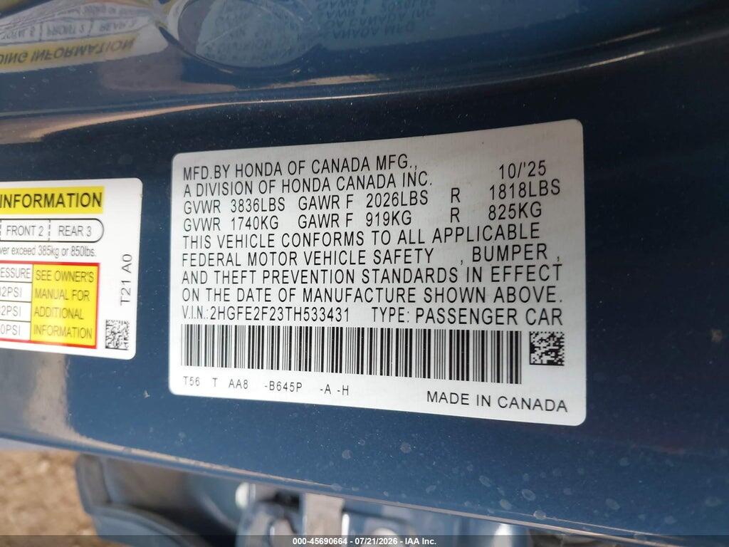 2HGFE2F23TH533431 2026 HONDA CIVIC photo no. 9