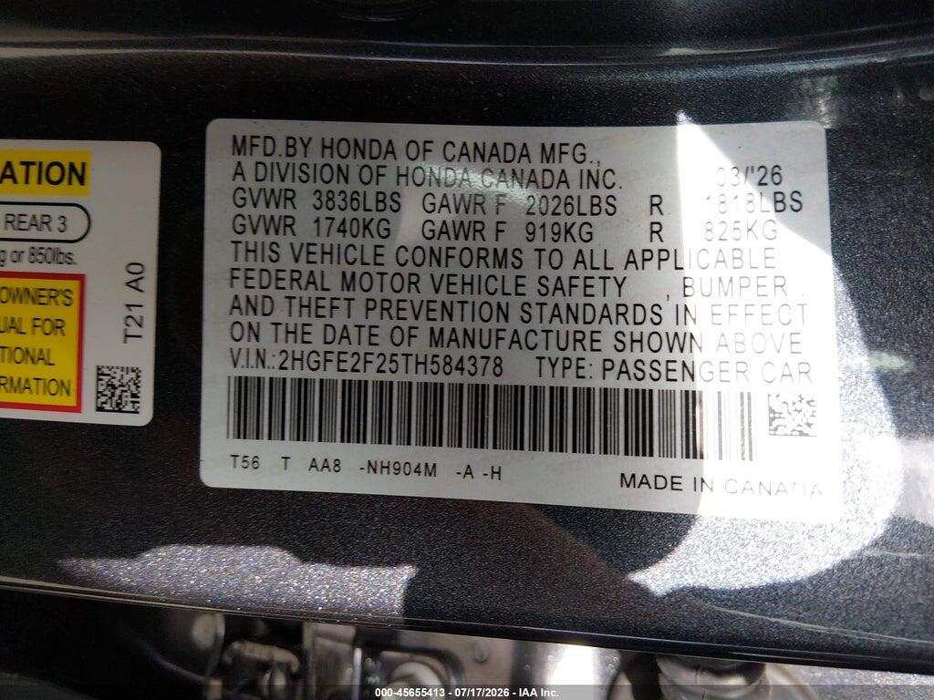 2HGFE2F25TH584378 2026 HONDA CIVIC photo no. 9