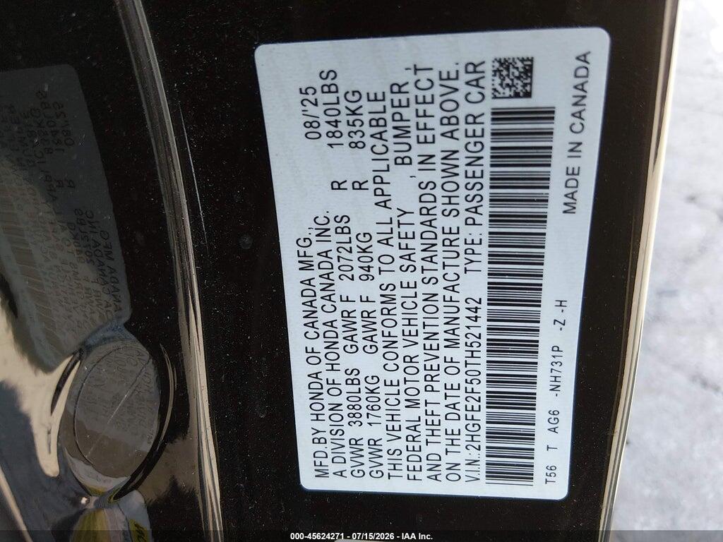 2HGFE2F50TH521442 2026 HONDA CIVIC photo no. 9