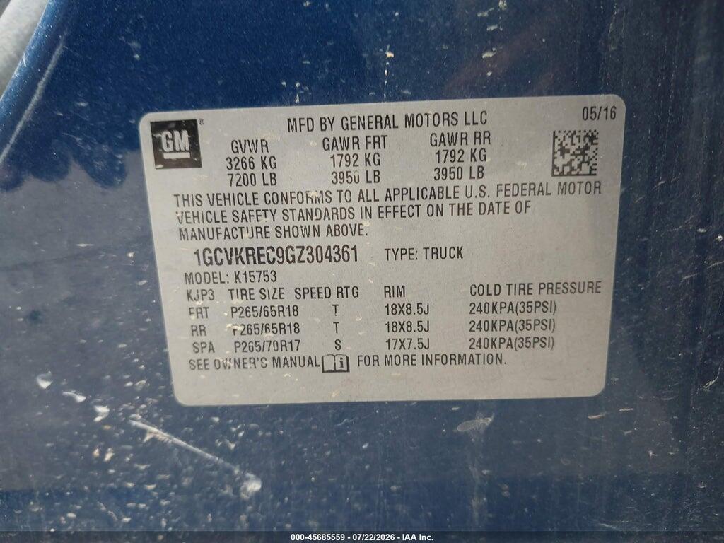 1GCVKREC9GZ304361 2016 CHEVROLET SILVERADO 1500 photo no. 9