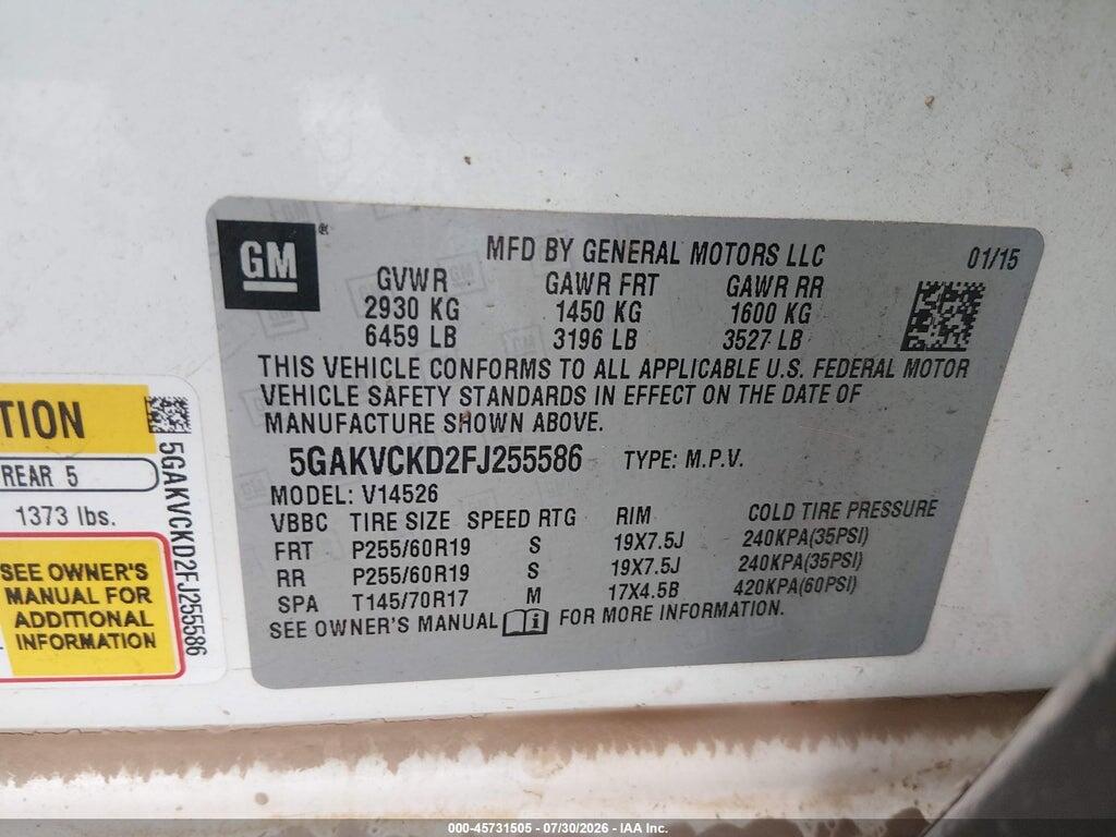 5GAKVCKD2FJ255586 2015 BUICK ENCLAVE photo no. 9
