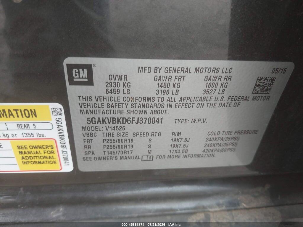5GAKVBKD6FJ370041 2015 BUICK ENCLAVE photo no. 9