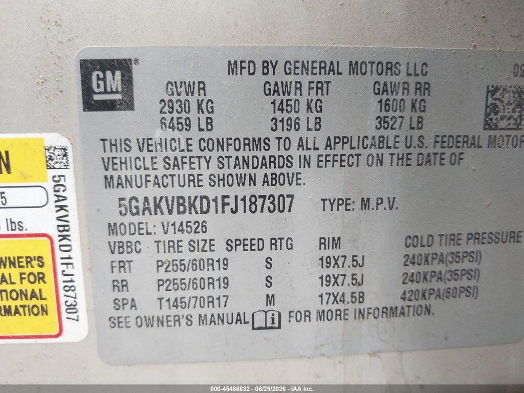 5GAKVBKD1FJ187307 2015 BUICK ENCLAVE photo no. 9
