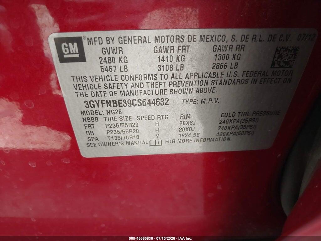 3GYFNBE39CS644632 2012 CADILLAC SRX photo no. 9
